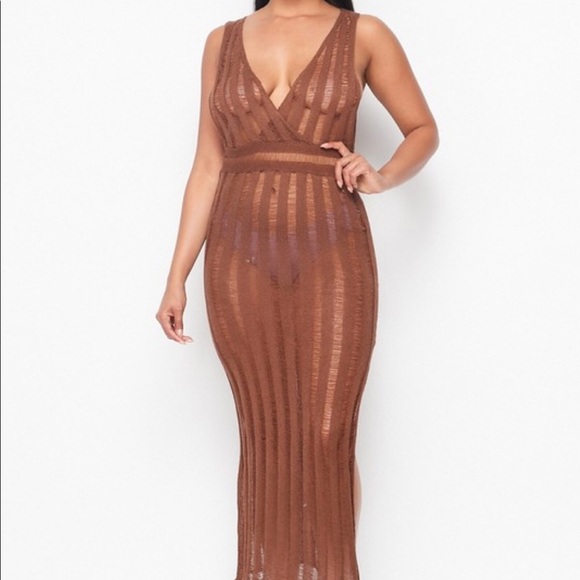 Sheer mocha dress with side split great with swimwear - Picture 2 of 3